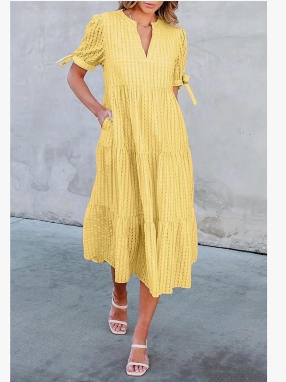 NWT Yellow Lightweight Tiered Eyelet Midi Dress-S - Picture 11 of 17
